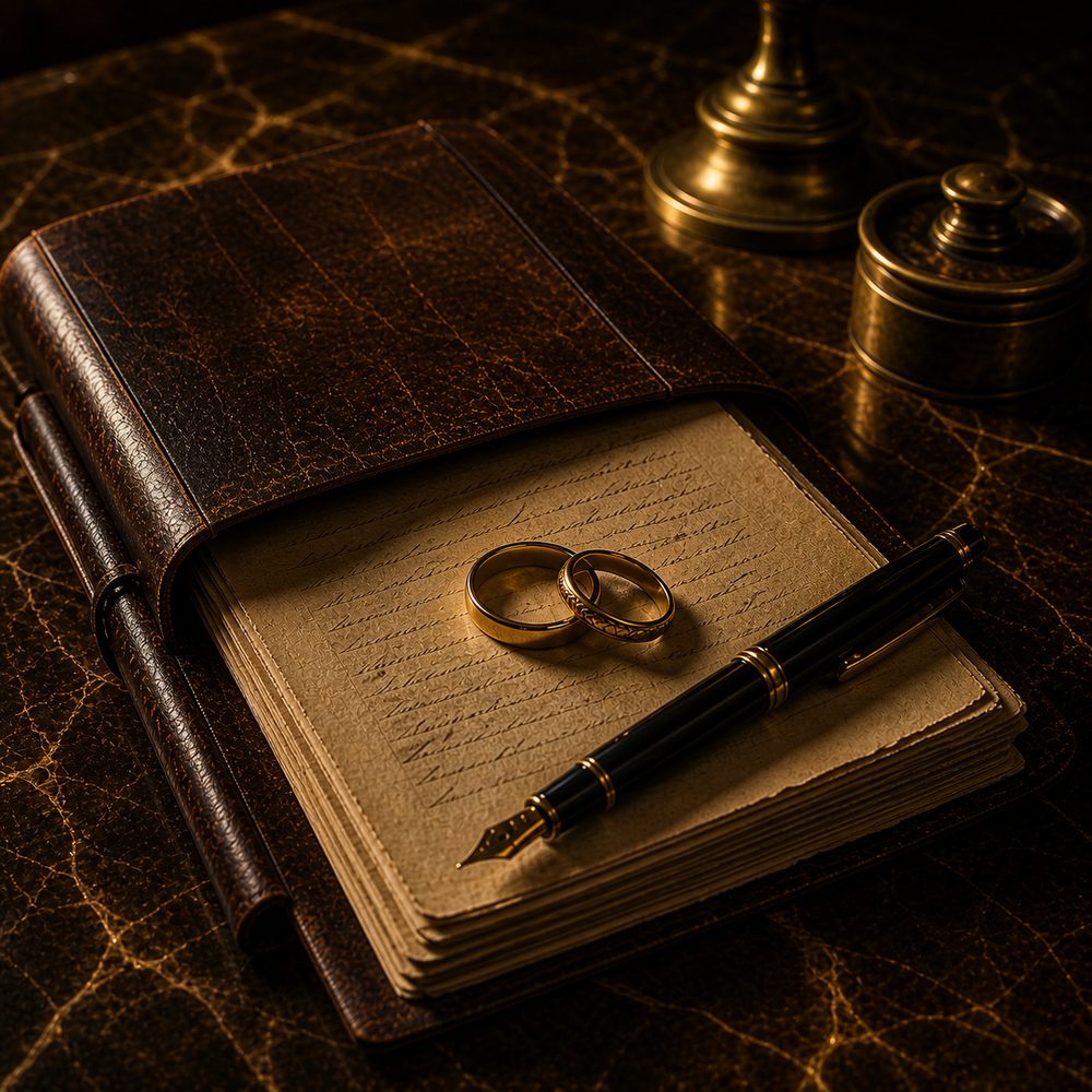 A matchmaker's ledger, two gold rings, and a fountain pen on a marble bar.